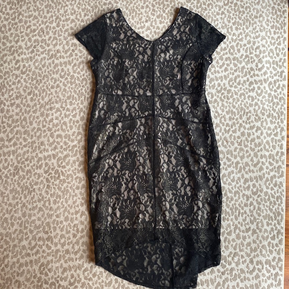 Lane Bryant Black & Gold Lace Cocktail Dress with Cap Sleeves, size 14